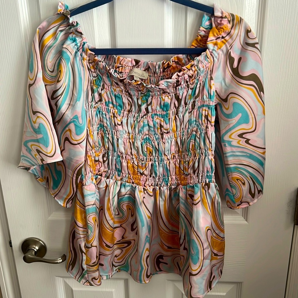 Chenault Smocked Swirl Print Top Flutter Sleeve Blouse Bohemian Chic‎ Size L